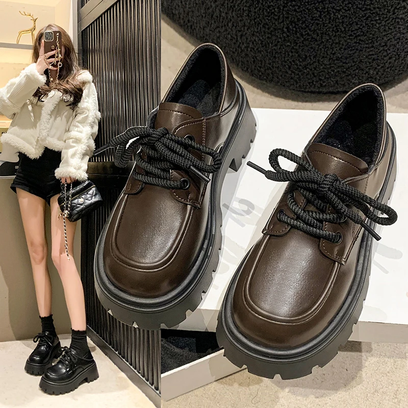 

Shoes Oxfords Women's Loafers With Fur Casual Female Sneakers Clogs Platform Flats Shallow Mouth British Style Autumn Round Toe