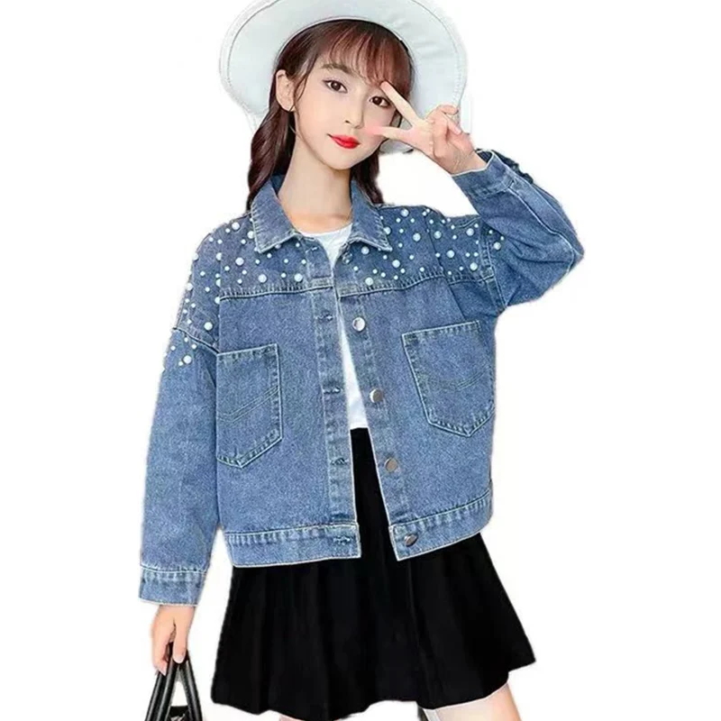 

Teenage Girls Pearl Coats For Kids Denim Jackets 2024 Autumn Casual Long Sleeve Children Clothing School Outerwear 6 8 10 12 13Y