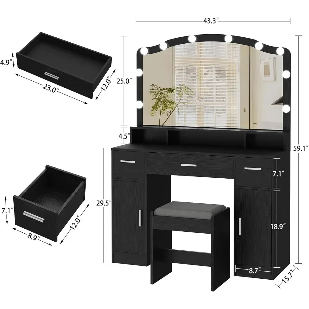 10 Led Lights, Dressing Vanity Table with Stool,Makeup Vanity with Lights, with 3 Drawers, 2 Cabinets & Long Storage Shelf 3