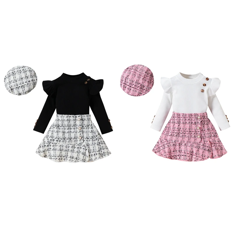 FOCUSNORM 1-6Y Herbst Kinder Mädchen Mode Kleidung Sets Langarm Rüschen Rippen Tops Plaid A-linie Röcke + Mützen Hüte – Detail 2