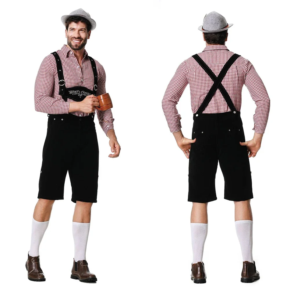 Costume D’Oktoberfest Bavarois Pour Homme – Ensemble Bleu à Carreaux Avec Bretelles, Chemise, Chaussettes, Chapeau
