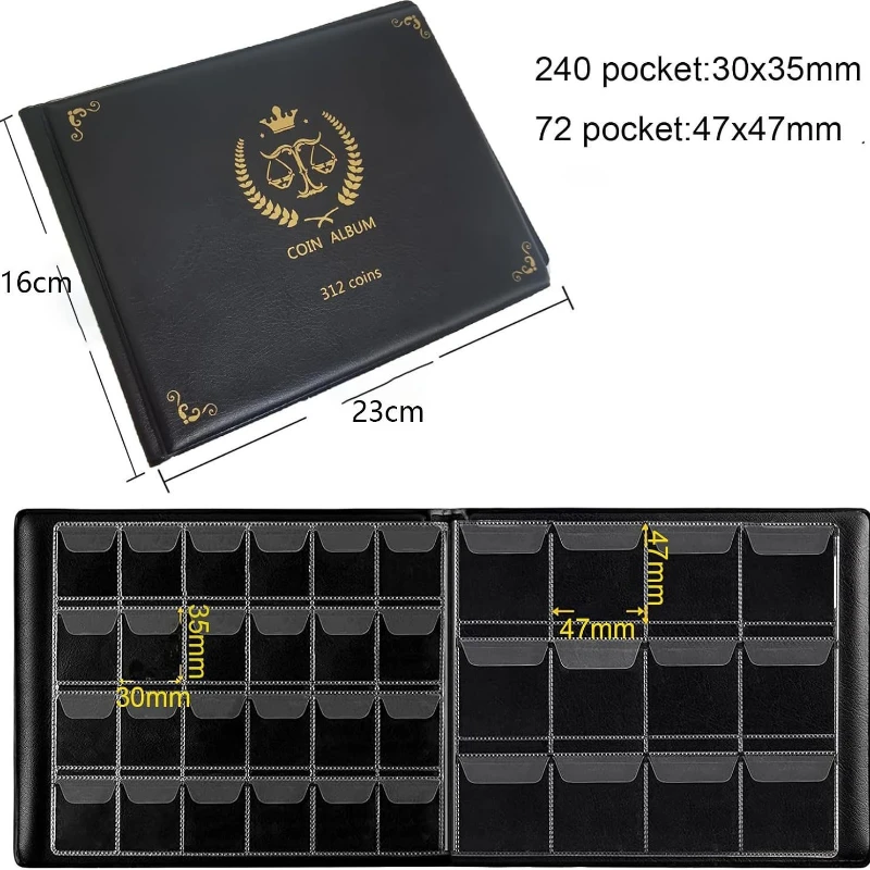 Black PVC Coin Collection Book with Large and Small Grids