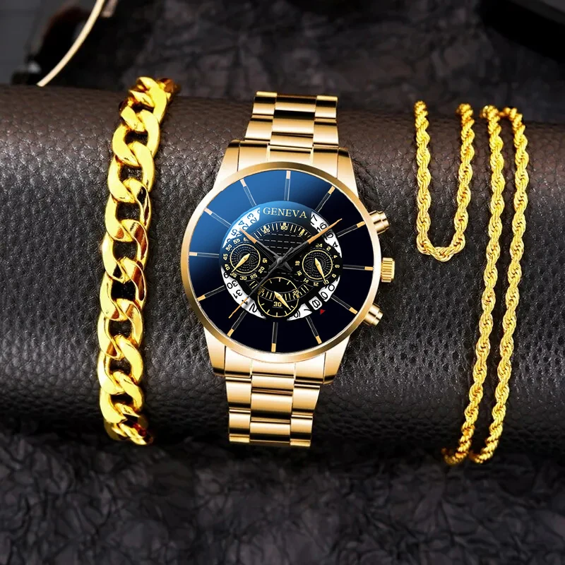 3PCS Set Fashion Mens Business Watches Men Casual Gold Bracelet Necklace Stainless Steel Quartz Wrist Watch Relogio Masculino megir blue watch men stainless steel dress wrist watch man waterproof chronograph quartz watches relogio masculino часы мужские