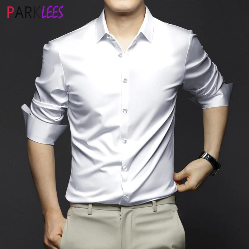 

Mens White Wrinkle-resistant Silk Satin Dress Shirts Wedding Groom Business Casual Shirt Men Non-iron Smooth Chemise Homme 8XL