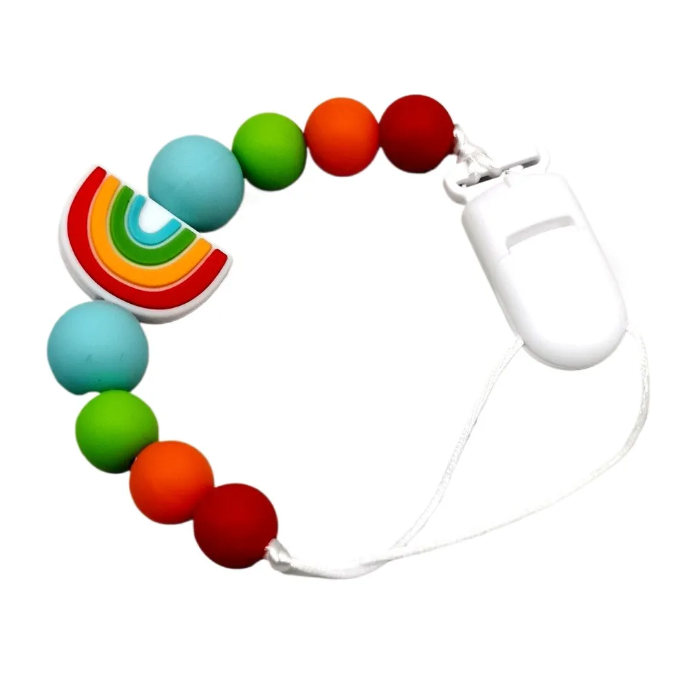 Rainbow Silicone Baby Pacifier Clip, BPA-Free Infant Pacifier Holder Leash, Dummy Chain Teething Toy for Newborns Toddlers