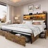 Queen Size Bed Frame with 6 Storage Drawers and Headboard Wooden Platform Beds Frames with LED Lights, Queen Bed Frame 1