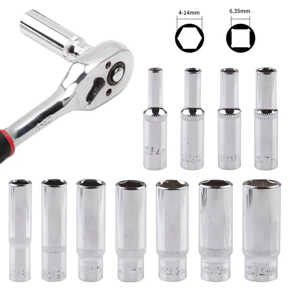 4-14mm Deep Socket 1/4inch Hex Socket Ratchet Wrench Drive Sockets Adapter Hand Repair Tools 4-5-6-7-8-9-10-11-12-13-14mm