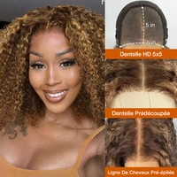 Perruque Bob Lace Front Wig naturelle sans colle, cheveux humains, blond miel, pre-plucked, pré-coupé, reflets, Wear and Go, bouclés, ombré HD 3