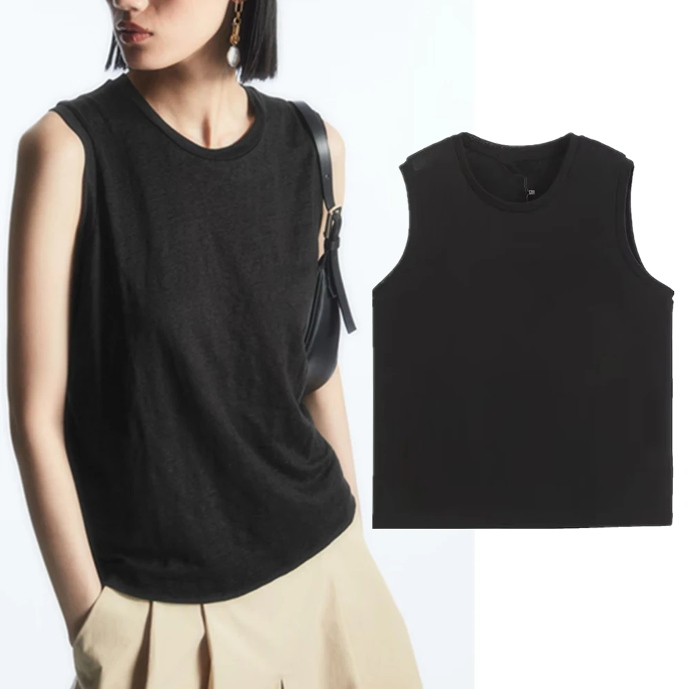 

Elmsk French Fashion Simple Ladies Sleeveless T-Shirt Cotton Linen Round Neck Casual Commuter Tops Women