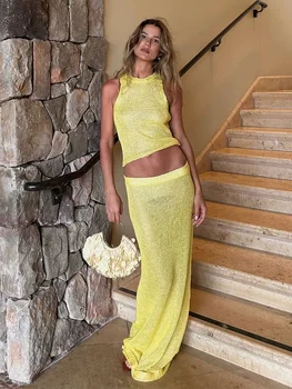 Women Sexy Knit See-through Shiny Top Half Long Skirt Set 2026 Summer Beachwear Swimsuit Cover Up 2 Piece Party Club Outfit K68 1