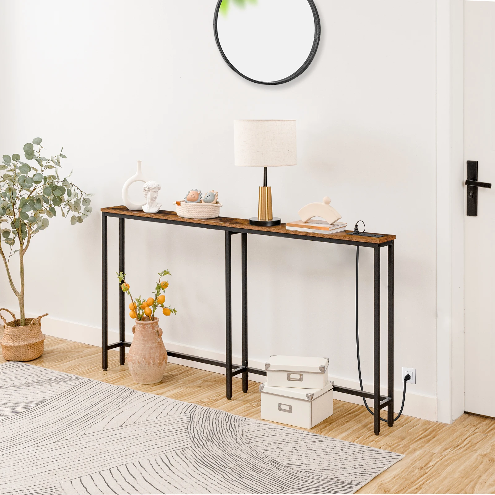 5.9" Skinny Console Table with Charging Station 63" Narrow Console Table with Power Outlets Long and Thin Sofa Slim