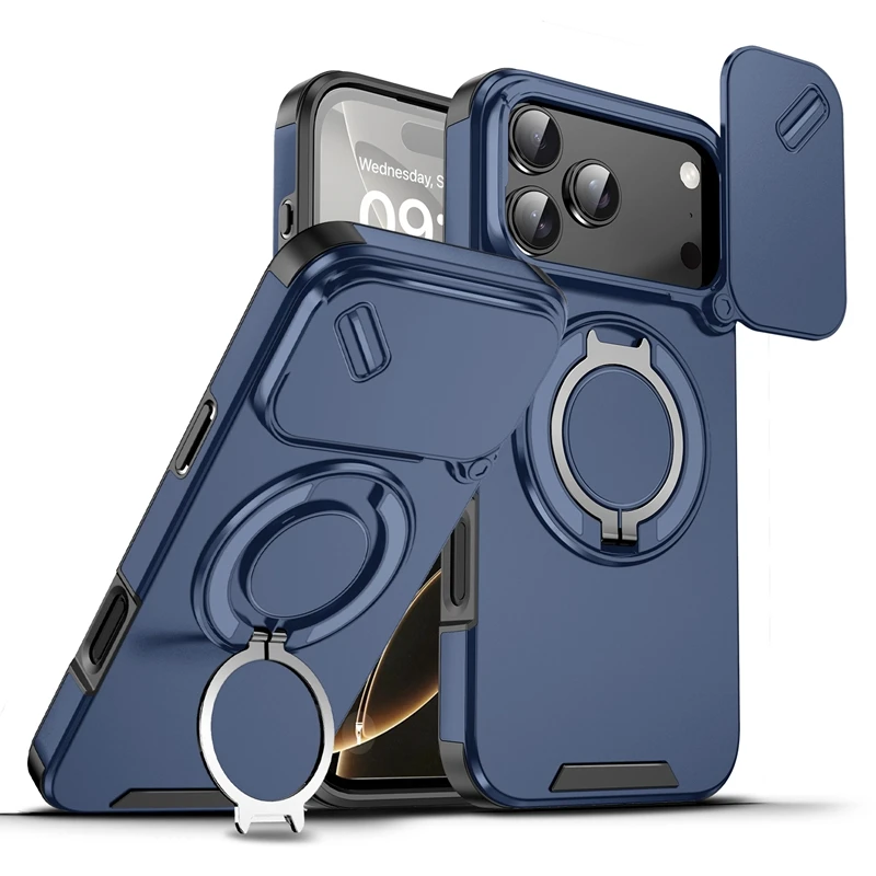 Enhanced Armor 360 Ring Stand Magnetic Shockproof Case with Lens Protection and Magsafe Compatibility
