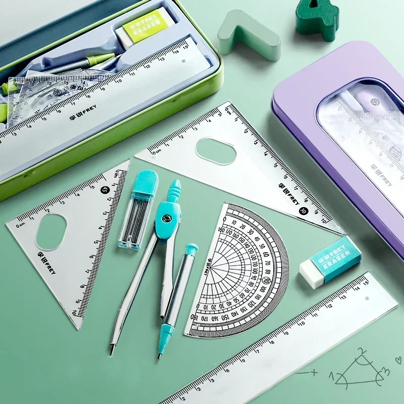 7pcs/box Compass Protractor Ruler Set Specific Ruler for Drafting Drawing Math Tools Kit Triangle Exam Korean Stationery