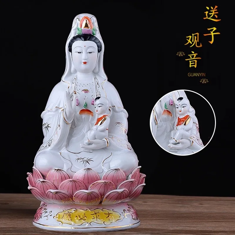 Chinese Ceramic Goddess of Mercy Statue - Fertility Guanyin Bodhisattva, Home Decor Buddha Figurine for Blessing, Pregnancy Wish