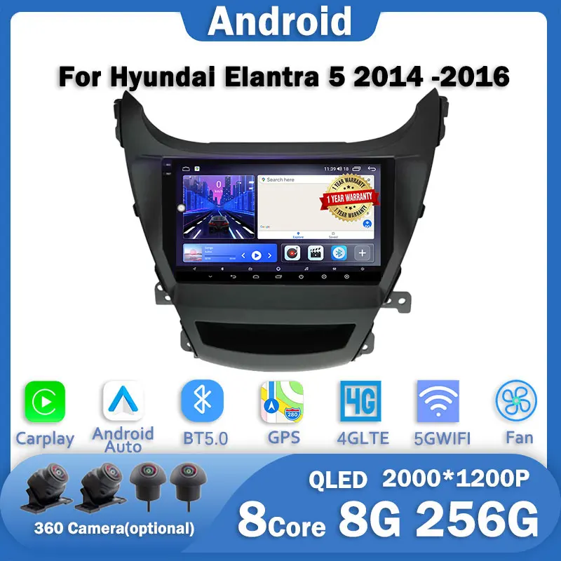 

9'' 2K QLED Android 13 Car Radio For Hyundai Elantra 5 2014 -2016 LHD Multimedia Video Player Navigation GPS Carplay Autoradio