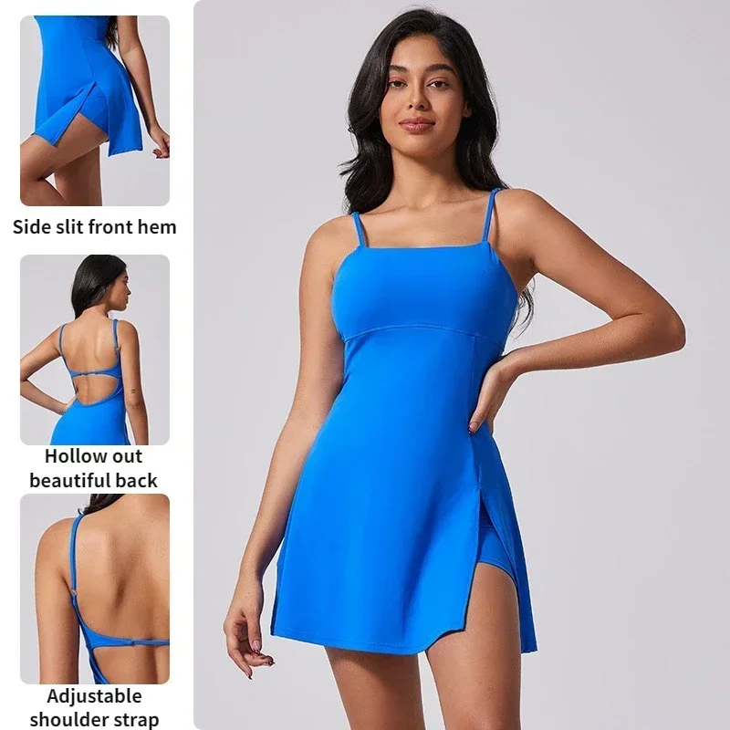 Women's Anti-glare Sports Beautiful Back Dress Removable Chest Cushion Breathable Outdoor Yoga Tennis Skirt