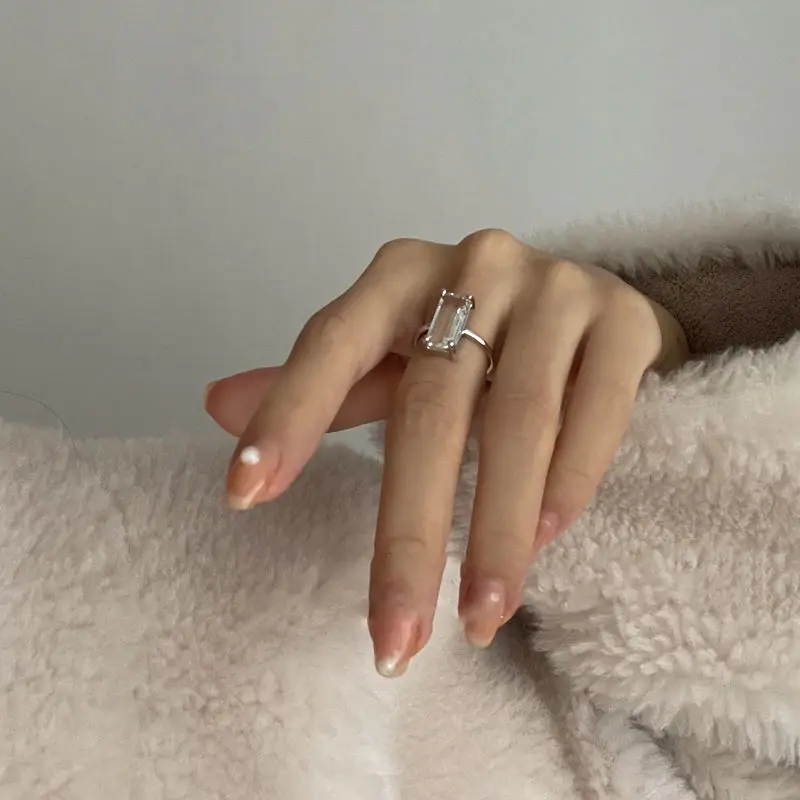 Silver Ring Inspired design transparent rectangular opening adjustable ring for French luxury ladies banquet engagement