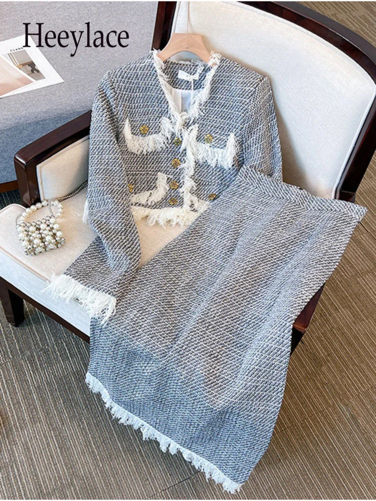 

Autumn And Winter Tweed Two Piece Sets Womens Outfits Office Ladies Elegant Tassel Long Sleeve Coats And Long Skirts Sets 4XL