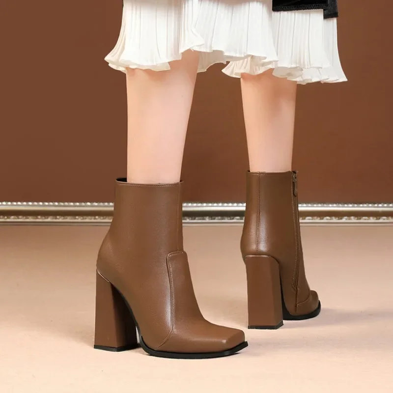 여성용 하이힐 부츠, 솔리드 PU 지퍼, 간결한 스퀘어 토 스퀘어 힐, 모던 부츠, 높이 10cm, 가을, 겨울, 새로운 스타일 패션