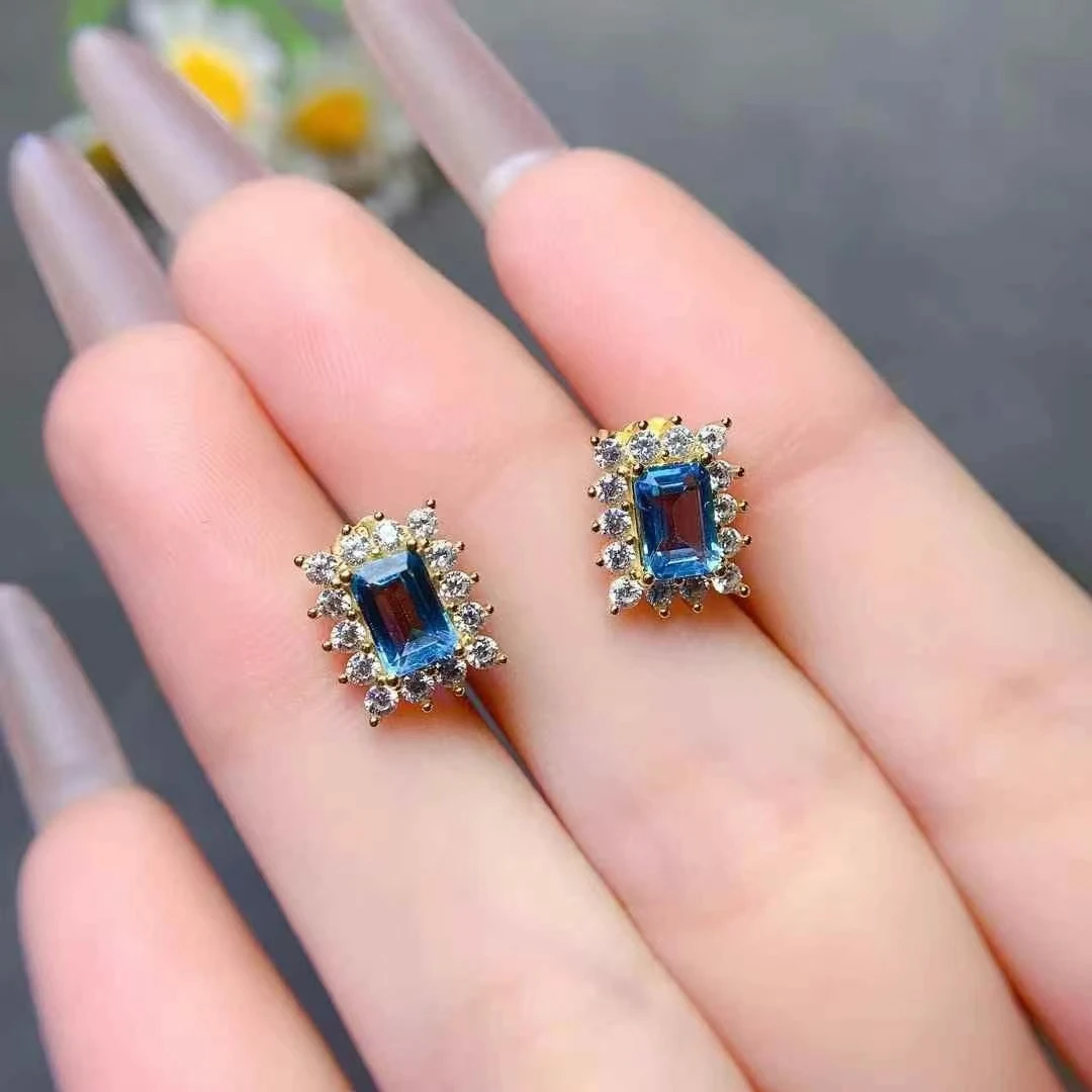 Klassische herzförmige Ohrstecker, 6 mm, natürlicher Topas-Ohrringe, massiver 925er Silber, Londoner Blautopas mit vergoldetem Schmuck – Detail 5