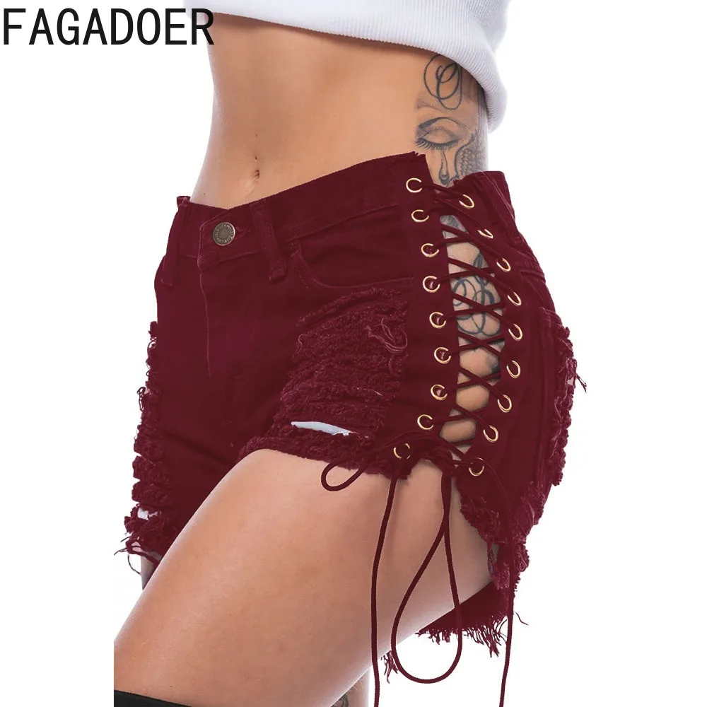 FAGADOER Summer New Hollow Side Bandage Denim Shorts Women High Waisted Button Pocket Slim Jean Fashion Female Cowboy Bottoms