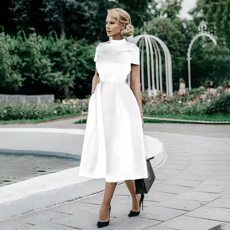 

Women Elegant Temperament Solid Dress Fashion O-Neck Short Sleeve Pockets Mid-Calf Dresses Popular Party Femme Casual Vestidos