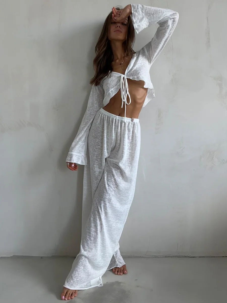 Conjunto informal de dos piezas para mujer, con cuello en V, manga larga con cordones y pantalones de cintura alta.