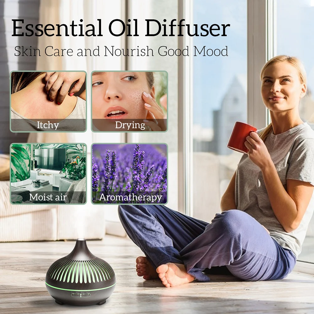 500ML Aromatherapy Essential Oil Diffuser Wood Grain Remote Control Ultrasonic Air Humidifier Cool with 7 Color LED Lights 3