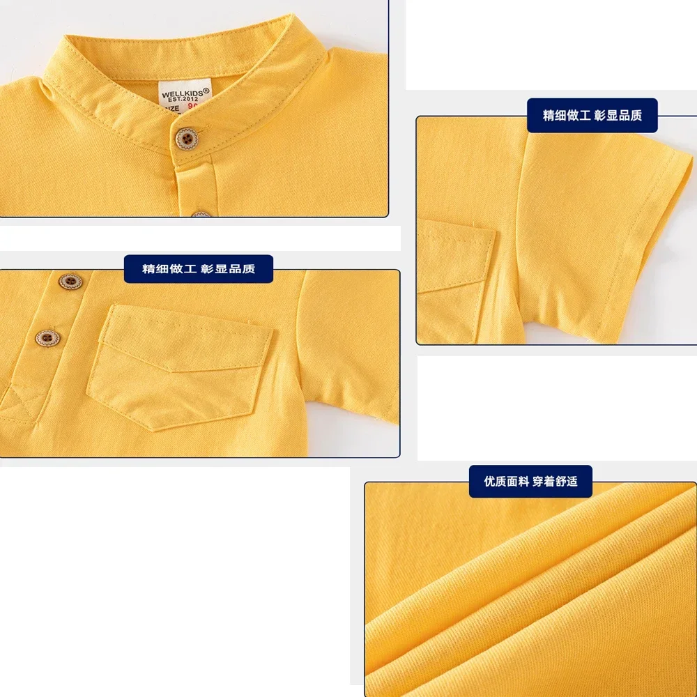 Baby Boys Blouse Toddler Short Sleeved T-shirt Kids Solid Color Shirts with Pocket Summer Children's Cotton Clothing Casual