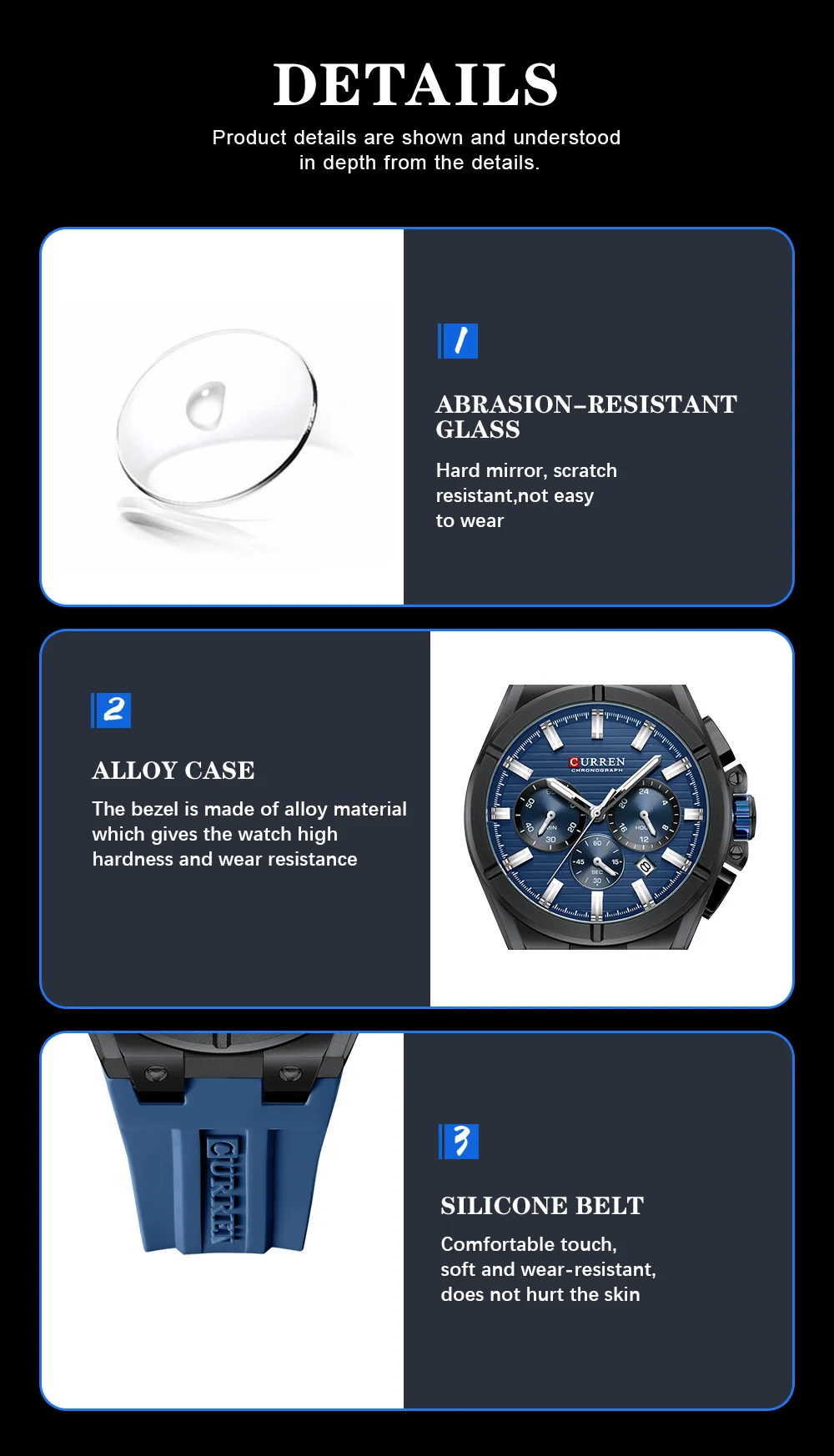 CURREN Moder Design 43mm Watch for Men with 3 Sub-Dials Quartz Movement Casaul Silicone Strap Wristwatch Luminous Hands and Date