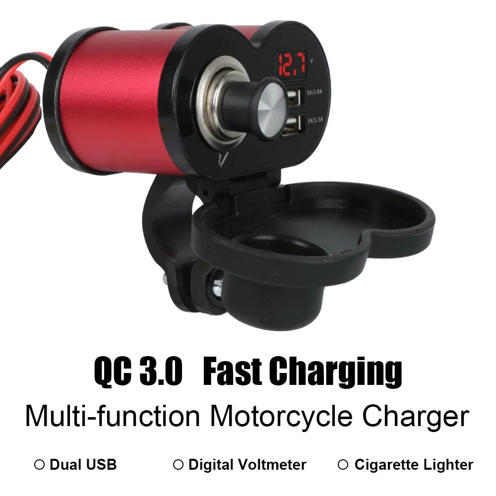 QC 3.0 방수 방진 디지털 전압계 어댑터, 오토바이 핸들바 충전기, 듀얼 USB 포트, 담배 라이터 소켓
