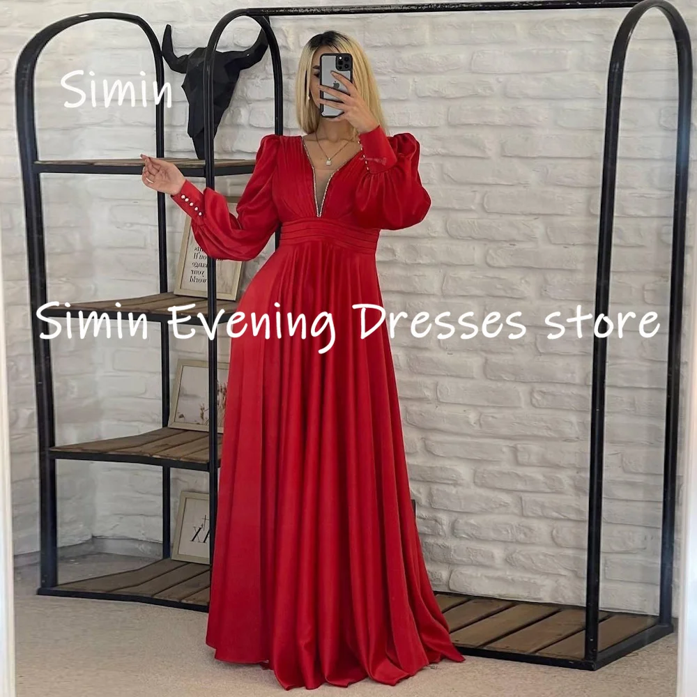 

Simin Satin A-line V-neck Populer Ruffle Formal Prom Gown Floor-length Evening Elegant Party dresses for women 2023