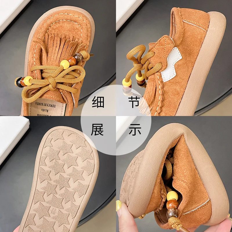 Suede Leather Kids Loafers with Tassels for Boys and Girls