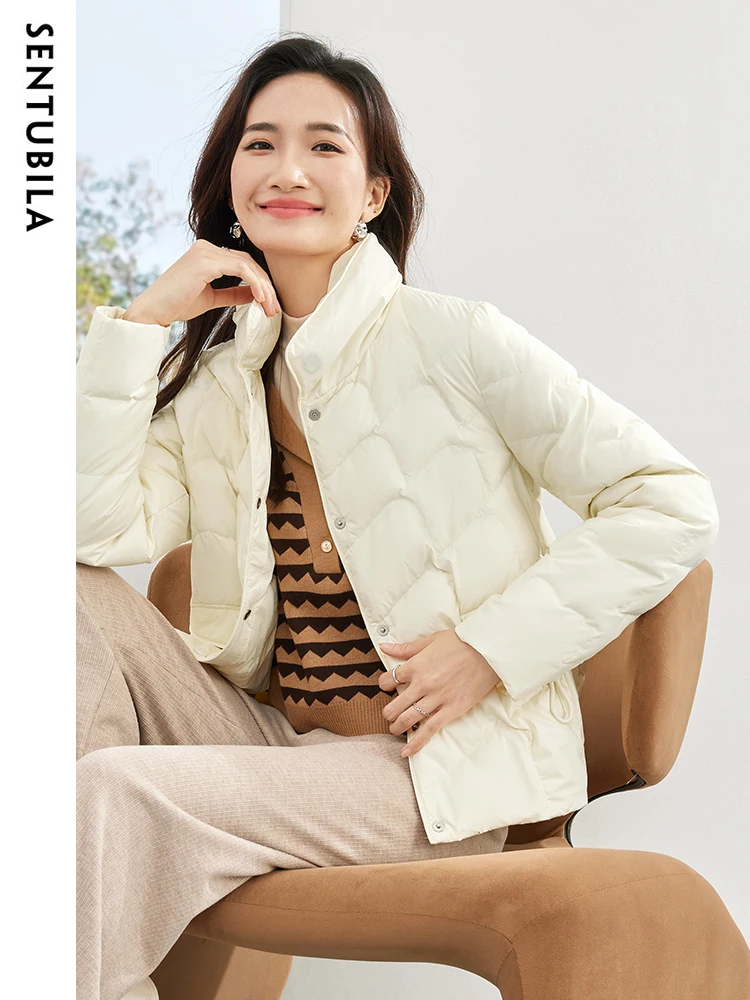 SENTUBILA Winter Casual Warm Down Jacket Women 2023 Autumn Single Breasted Stand Collar Lightweight Crop Down Coat W34Y50153