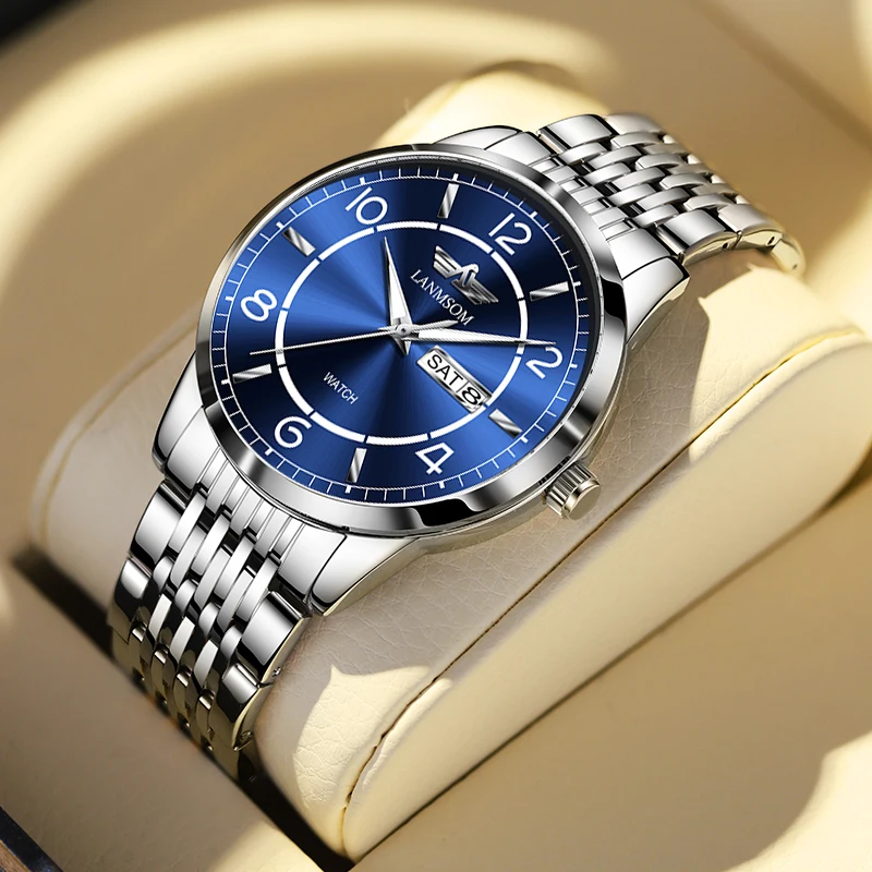 

LANMSOM Mens Watches Top Brand Luxury Blue Quartz Watch for Men Stainless Steel Waterproof Date Wristwatch Relogio Masculino