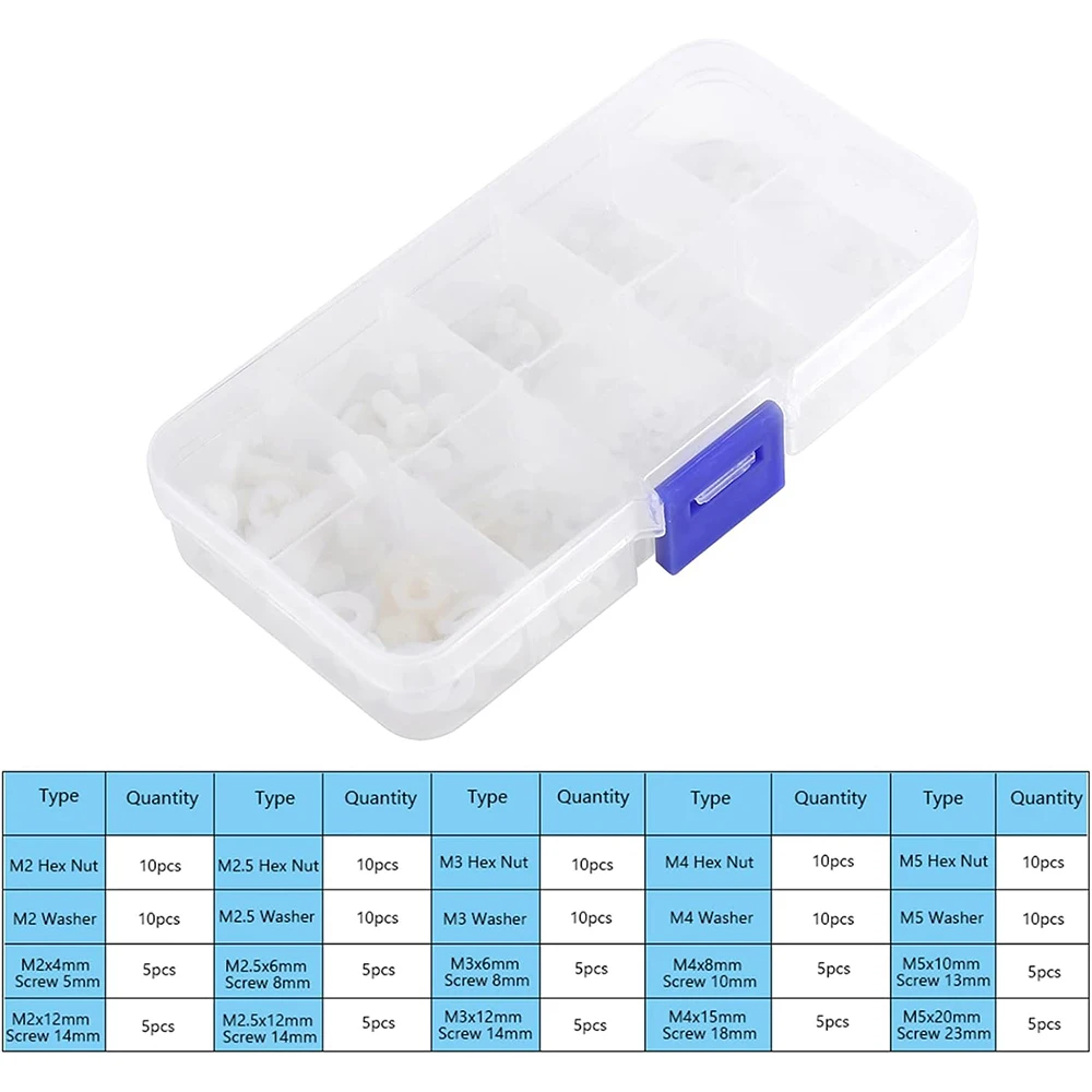 Description Picture 3 of item150pcs Nylon Screws Bolts Nuts Washers Fastener Assortment Kit in Box M2 M2.5 M3 M4 M5