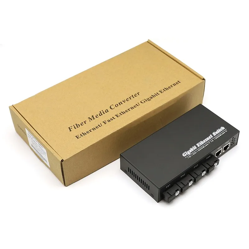 Fiber Media Converter, Fiber Optical Converter, Gigabit Ethernet Switch, SC 4 Port, 2 RJ45, 10 m, 100 m, 1000m, 20km