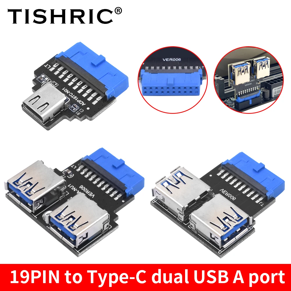 TISHRIC 19Pin-Type-C USB3.0 변환기 내부 헤더-USB 3.1/3.2 유형 C 어댑터(PC 마더보드 커넥터 라이저용)