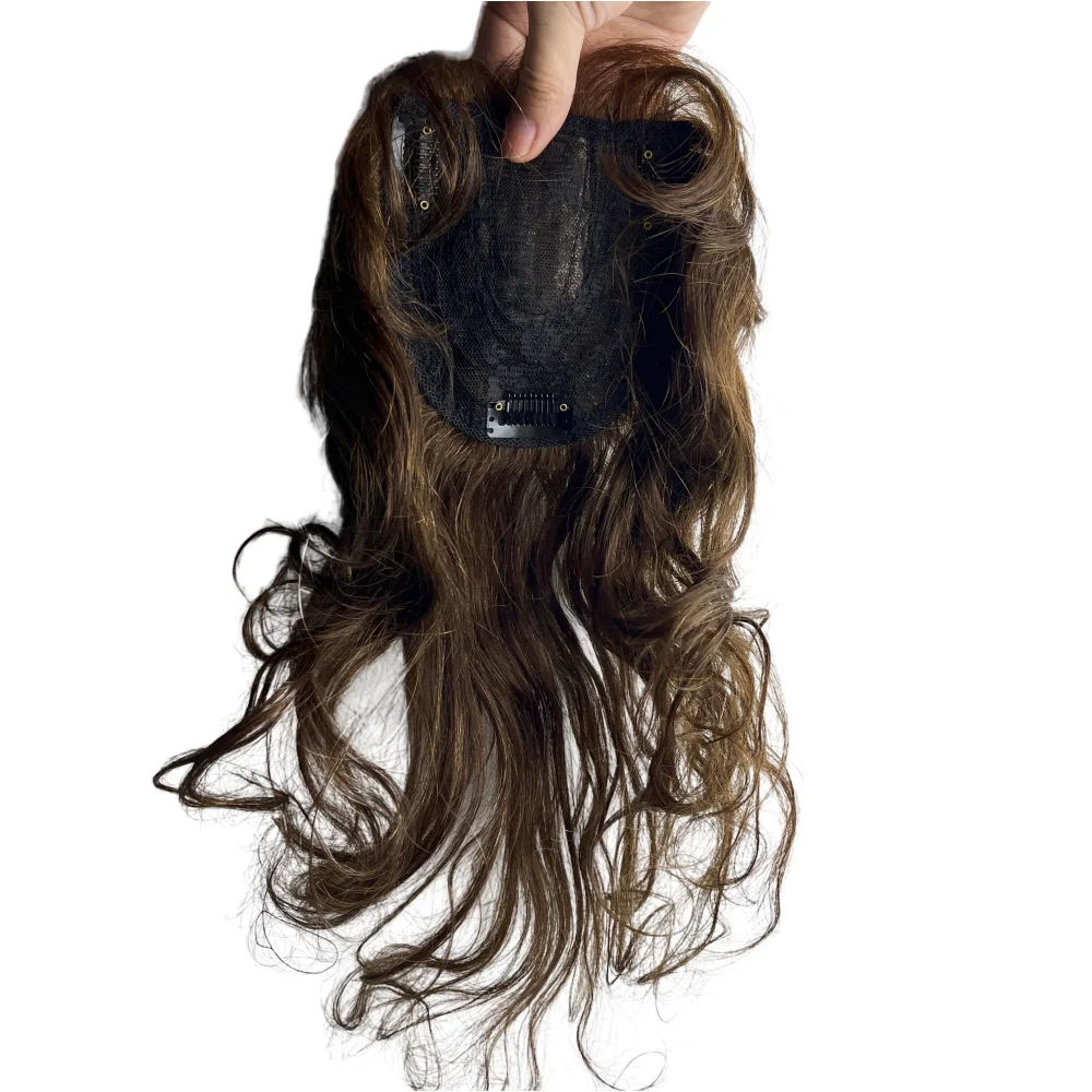 Natural Curly Wavy Human Hair Topper for Women Cover Grey Hair 14 inch Clips in Hairpiece Extension for Women Light Brown Remy