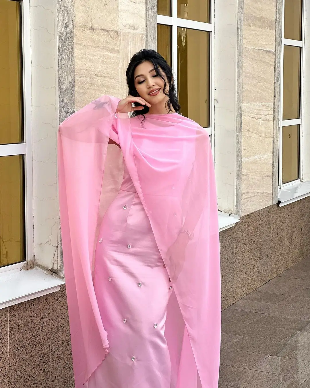 

Vintage Straight O-Neck Two Pieces Prom Dresses Pink Chiffon Jacket Beadings Floor Length Party Dresses Formal Occasion Dress