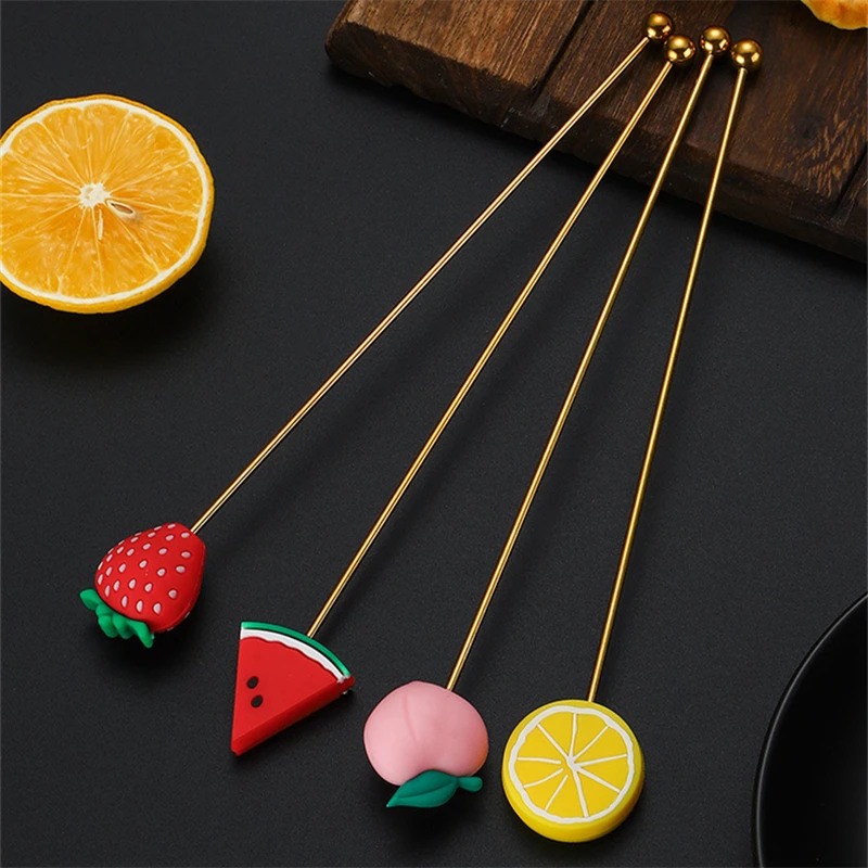 304 Stainless Steel Cocktail Mixer Sticks Silicone Fruit Head Swizzle Manual Stirring Rod Party Drink Muddler Bar Accessories
