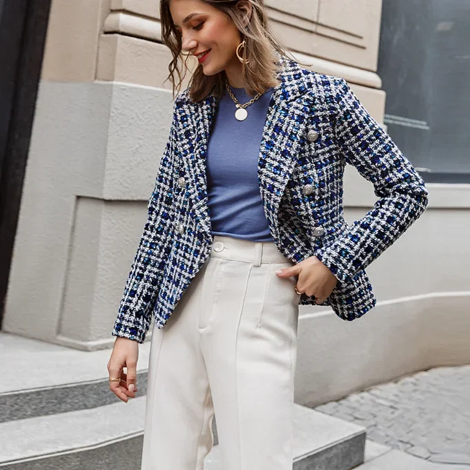 Fashion Elegant Autumn Winter Plaid Women Blazer Coat Causal Long Sleeve Coat Short Office Ladies Double Breasted Women Suit