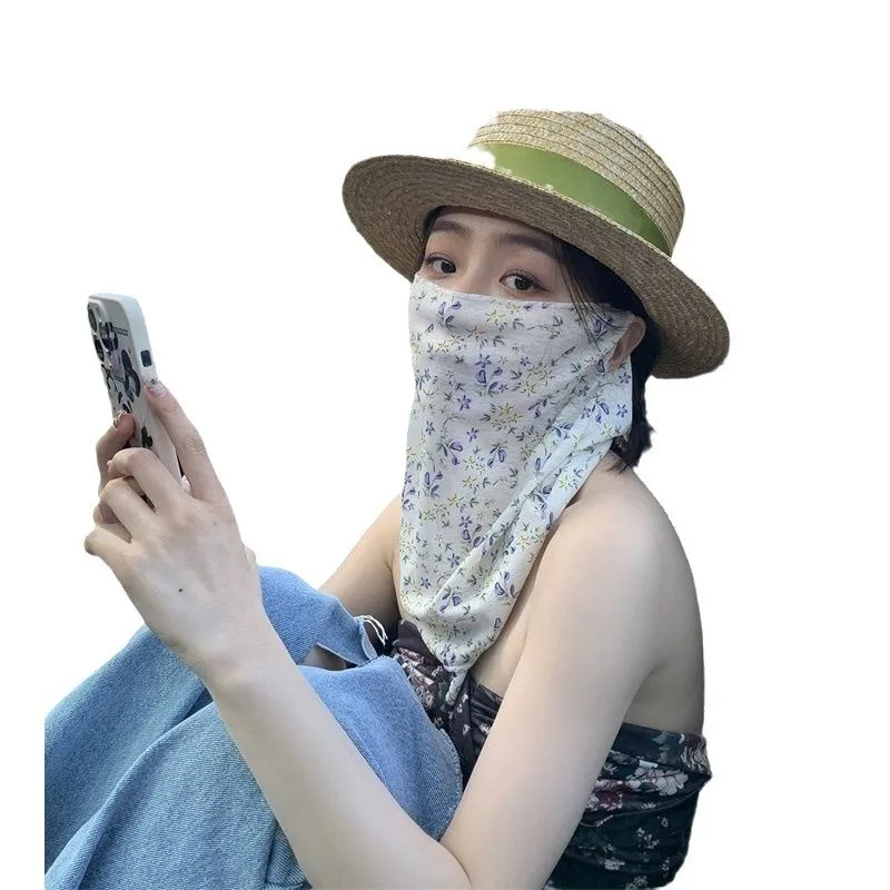 Women's Floral UV Protection Face and Neck Cover with Integrated Sunscreen, Ice Silk Fabric