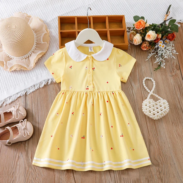 فستان صيفي للفتيات الصغيرات بأكمام قصيرة وياقة مقلوبة ملابس قطنية للفتيات من سن 2 إلى 6 سنوات فساتين أطفال