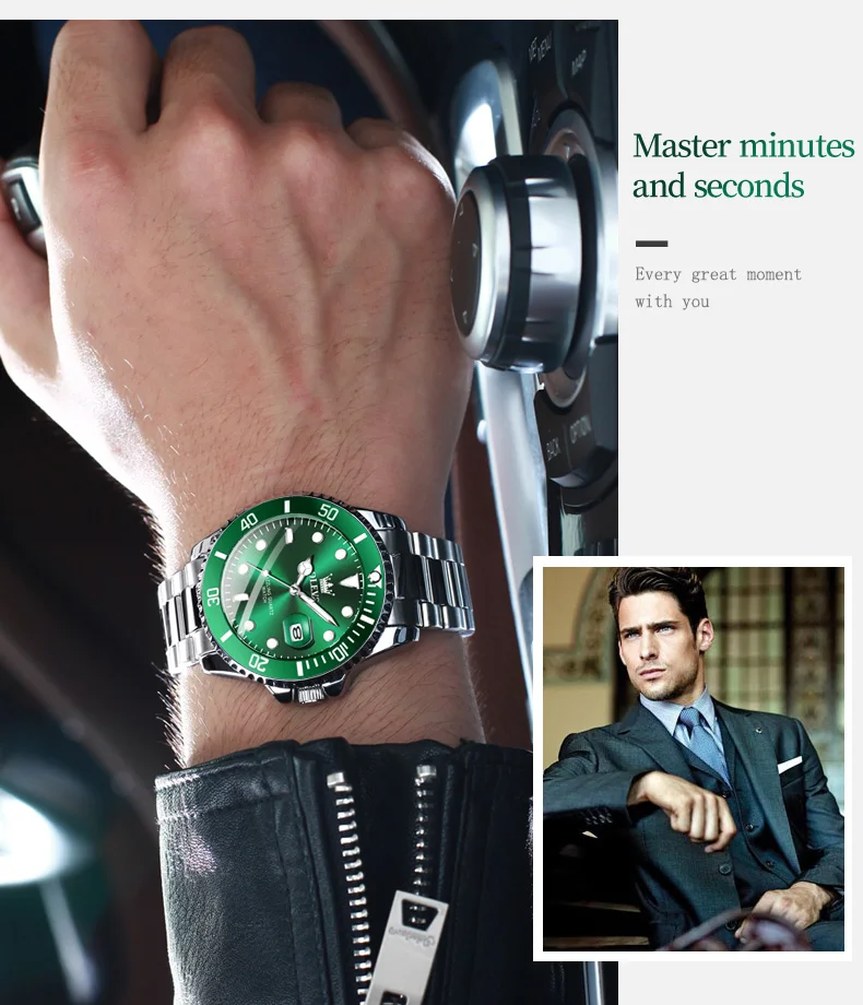 Olevs top original herren quarz uhr grün wasserdichte uhr für männer edelstahl quarz herren luxus uhr leuchtende armbanduhr – Detail 4