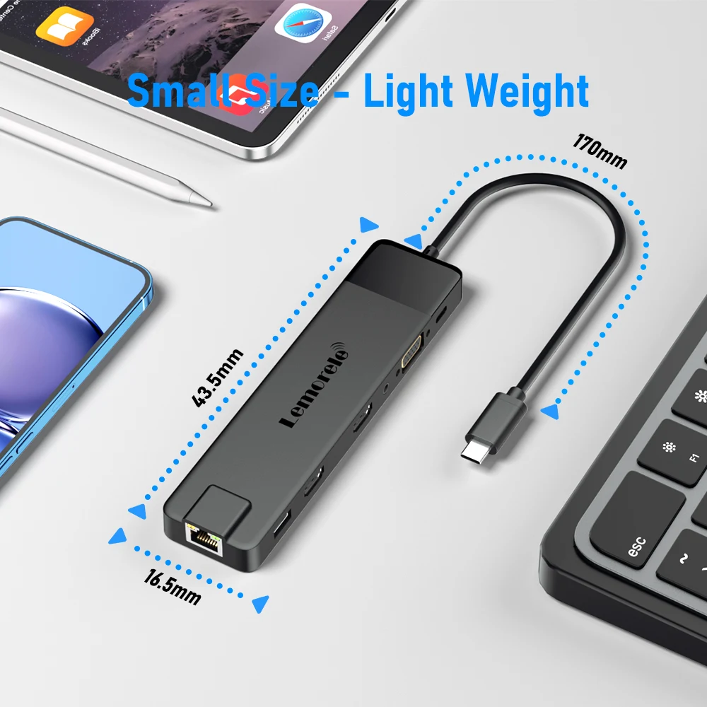 Lemorele 4K USB Hub USB C to Dual HDMI VGA Gigabit Docking Station USB 3.0 VGA Adapter SD Card Readers  for Windows MacBook Air