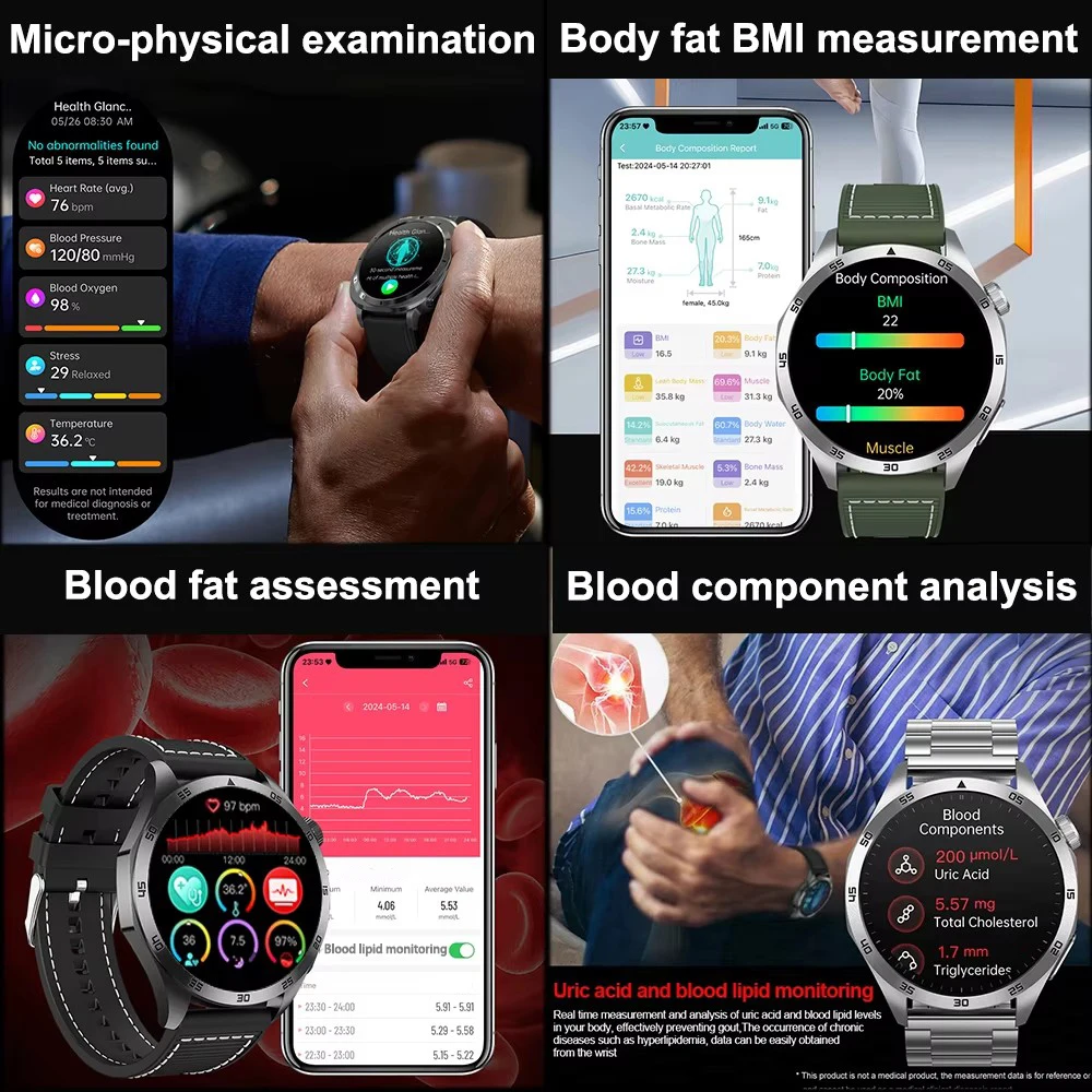 Micro Physical Examination Blood Lipids Uric Acid Blood Pressure Smart Watch ECG+PPG Clock Bluetooth Call Men 2025