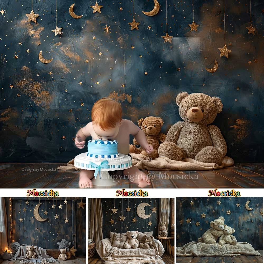 Boy Bear Baby Cake Smash Background Studio Fotografico Twink Sparkling Blue Oil Paint Night Sky Sfondo Cabina Di Compleanno Neonato