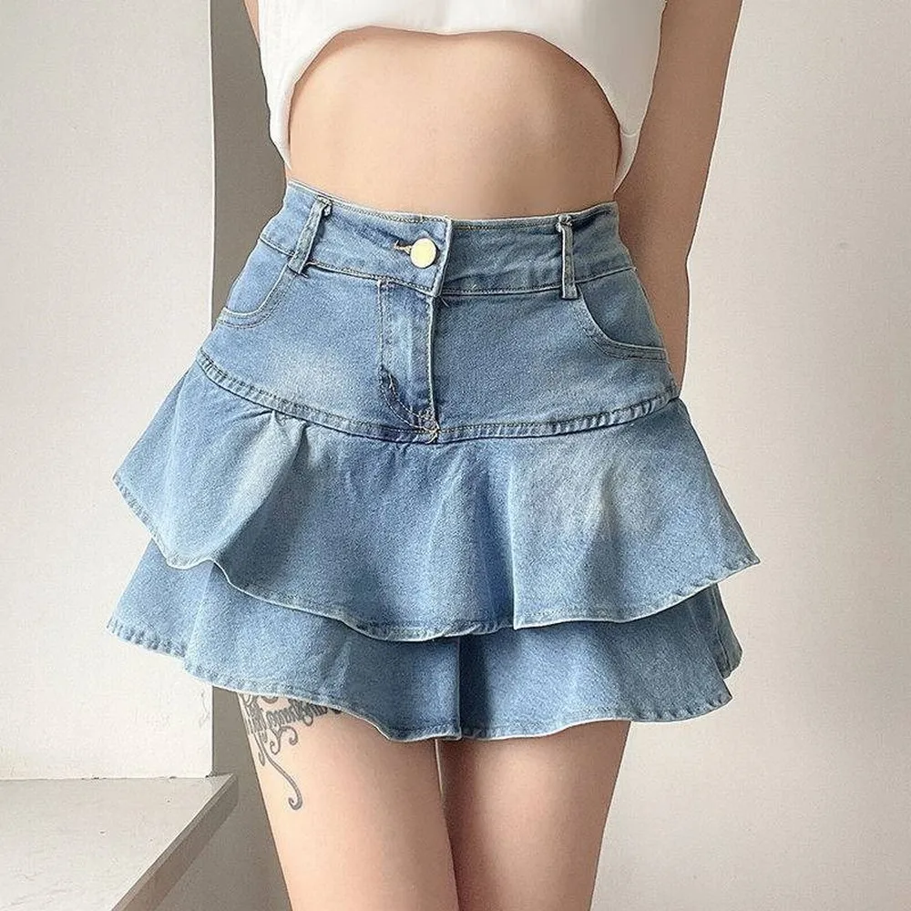 Vintage Denim Skirt Shorts Women Summer Korean Fashion High Waist A-line Wash Blue Slim Cute Sexy Mini Jeans Ruffle Skirt Female 3
