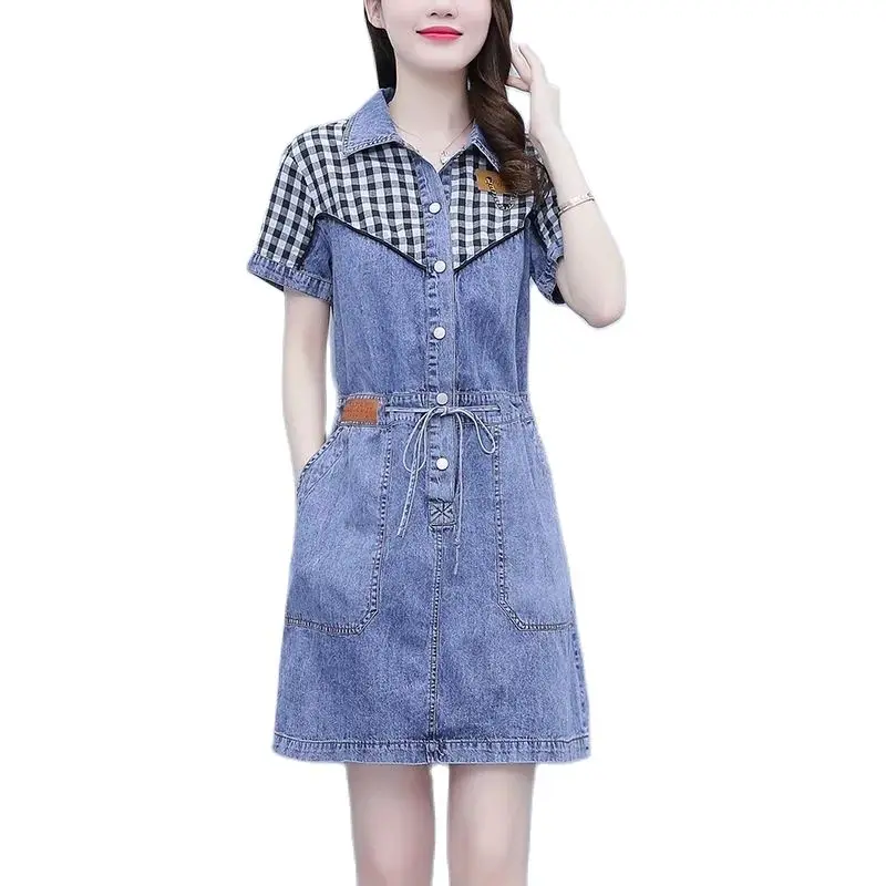 

Fashion Leisure Reduce Age Splicing Shirt Collar Women's Denim Dress New Summer High End Temperament Elegant Female Midi Skirt